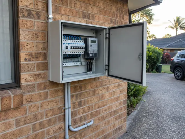 Open electrical switchboard on a brick exterior wall beside a driveway in Tumbi Umbi